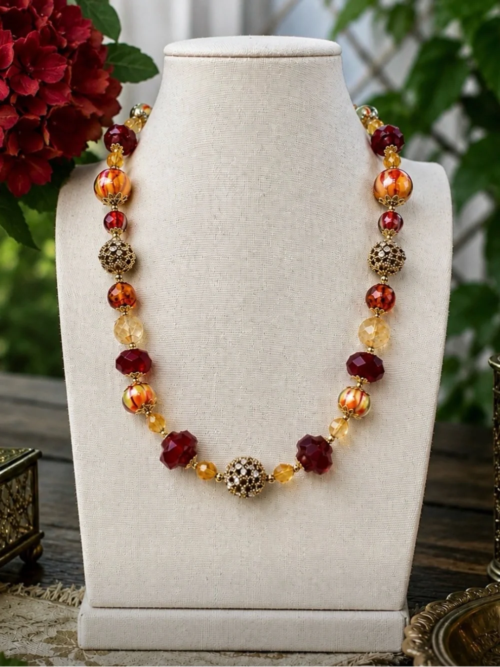 ARTISAN Lampwork Glass, Czech Glass, Ruby & Citrine Necklace
